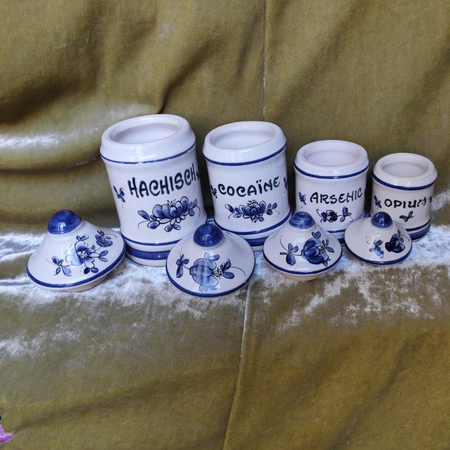 1950s French Hand-Painted Mini Apothecary Jars - Set of 4 - Hachisch Arsenic Cocaïne Opium - Blue