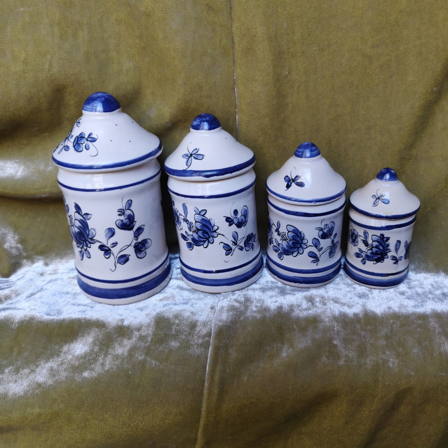 1950s French Hand-Painted Mini Apothecary Jars - Set of 4 - Hachisch Arsenic Cocaïne Opium - Blue