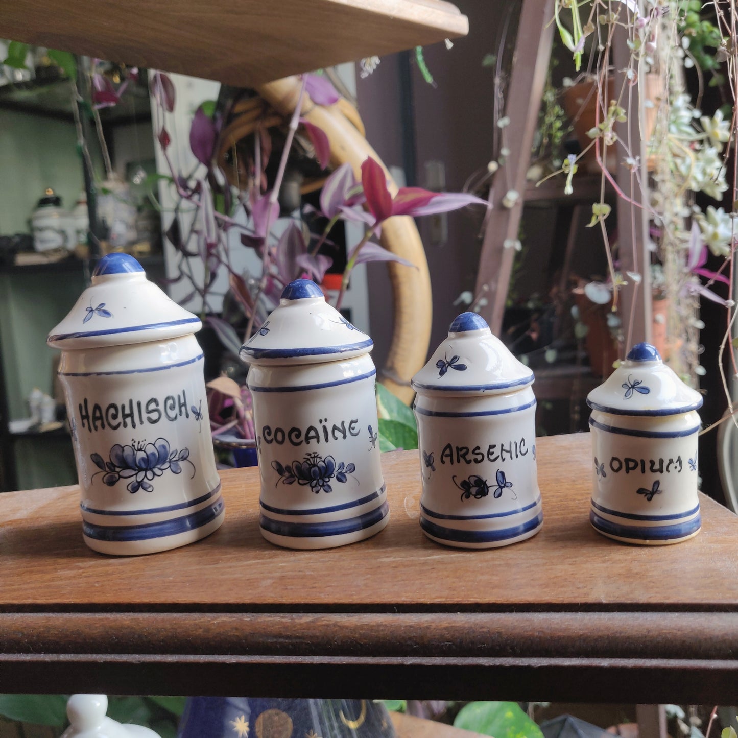 1950s French Hand-Painted Mini Apothecary Jars - Set of 4 - Hachisch Arsenic Cocaïne Opium - Blue