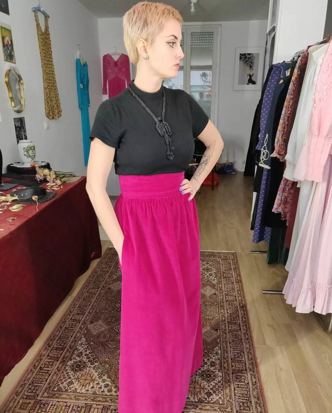 1960s/70s Magenta Velvet Maxi Skirt