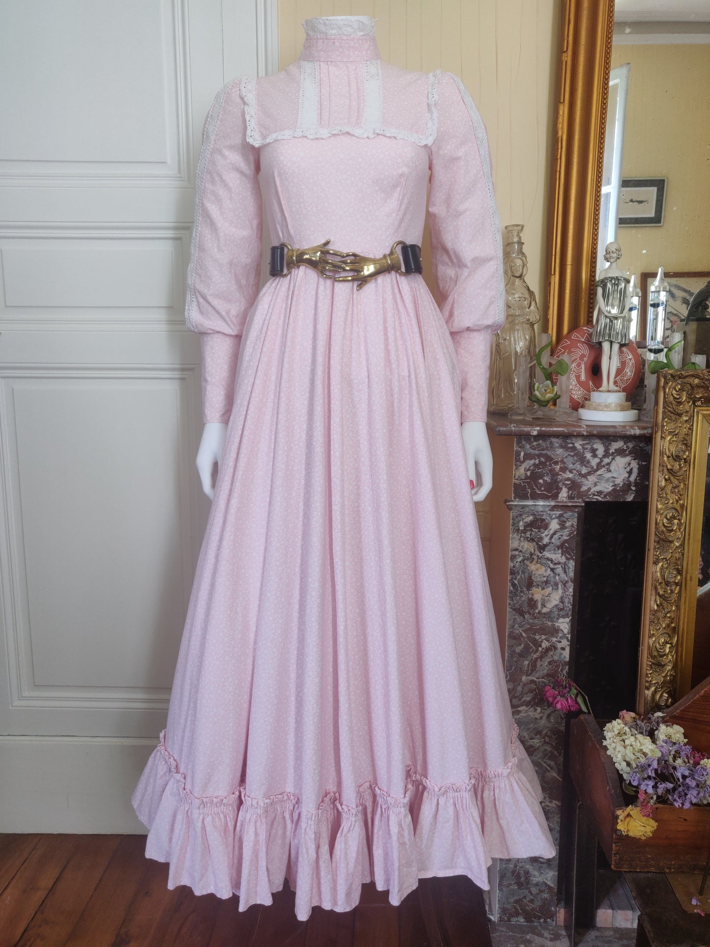 1970s Laura Ashley Pale Bubblegum Pink Calico Dress