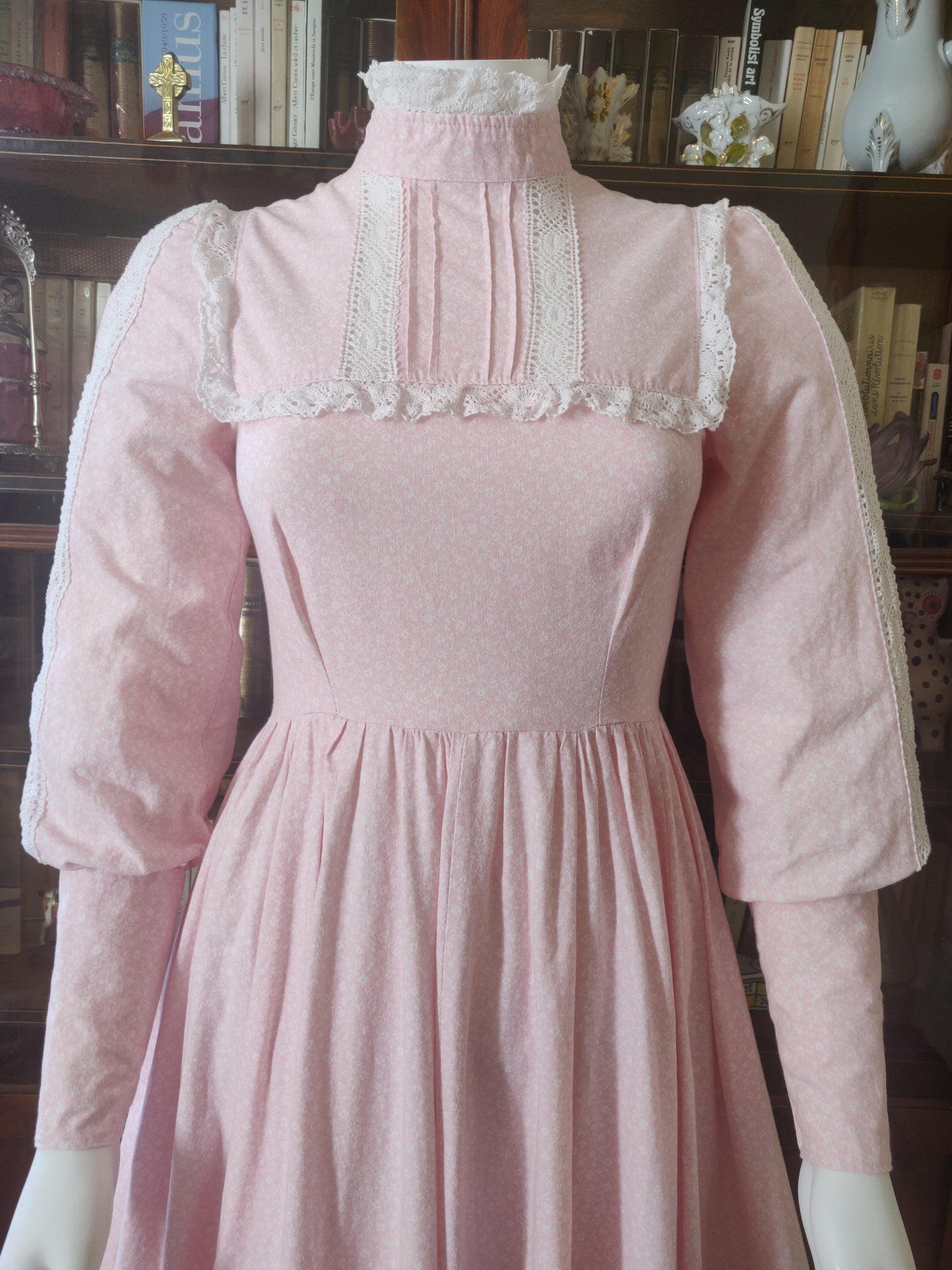 1970s Laura Ashley Pale Bubblegum Pink Calico Dress