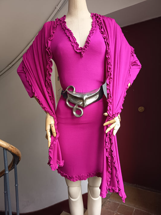 90s Chantal Thomass Hot Magenta Pink 3-Piece Set - Top, Skirt and Shawl