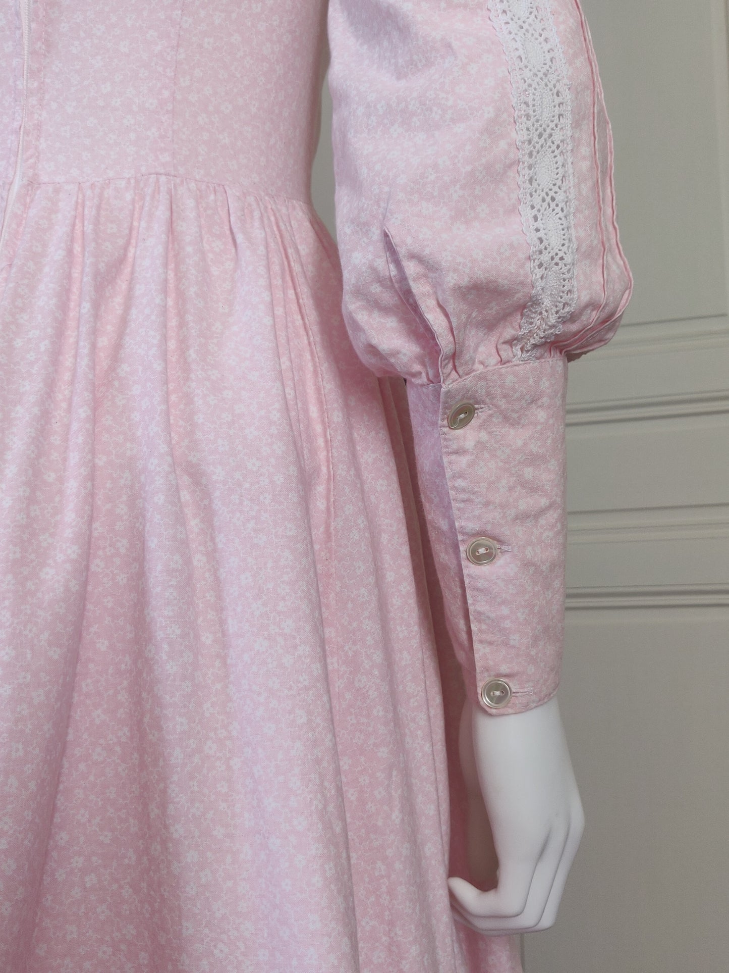 1970s Laura Ashley Pale Bubblegum Pink Calico Dress