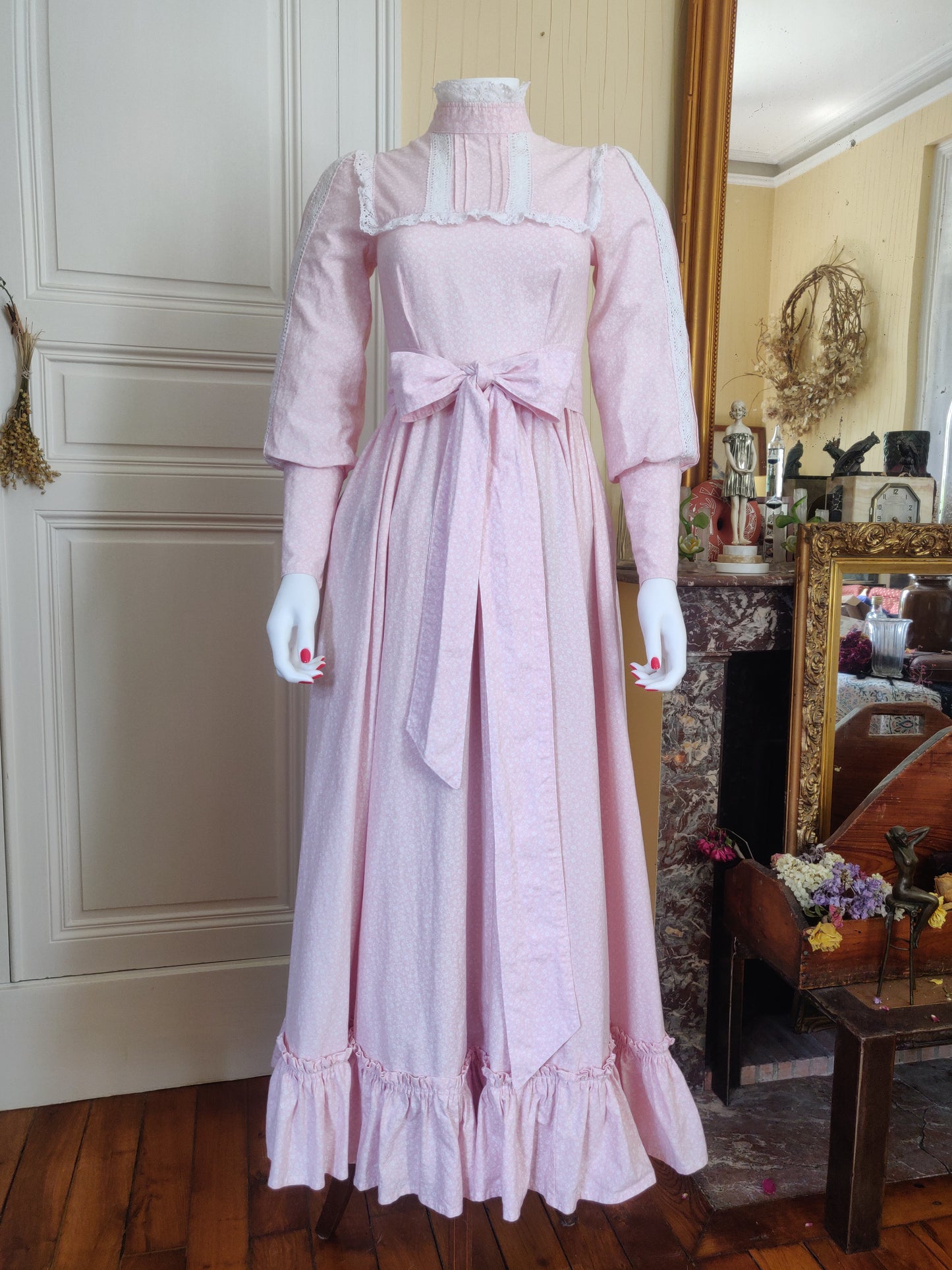 1970s Laura Ashley Pale Bubblegum Pink Calico Dress