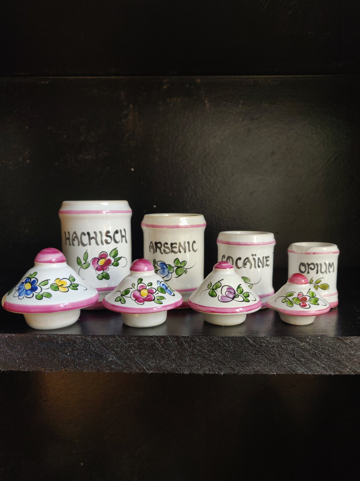 1950s French Mini Apothecary Jars - Hachisch, Arsenic, Cocaïne, Opium