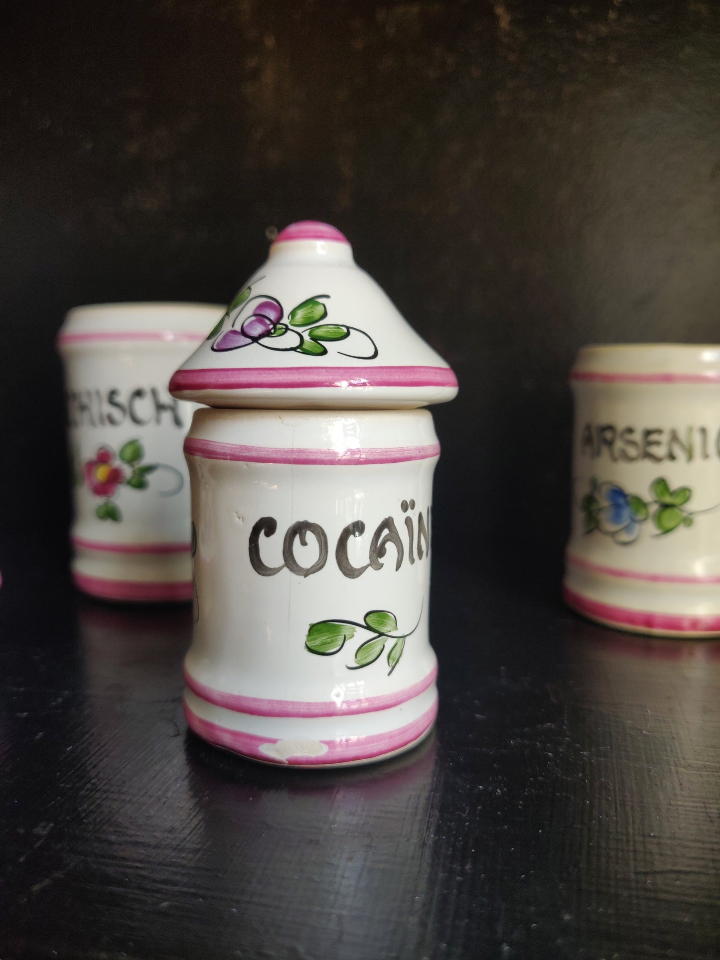 1950s French Mini Apothecary Jars - Hachisch, Arsenic, Cocaïne, Opium