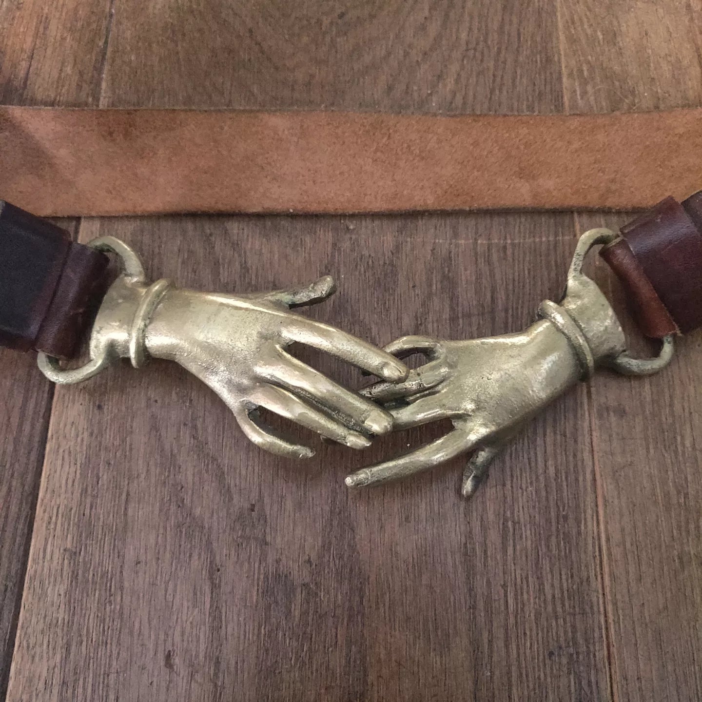 1970s Bronze Tone Victorian Revival Clasping Hands Belt