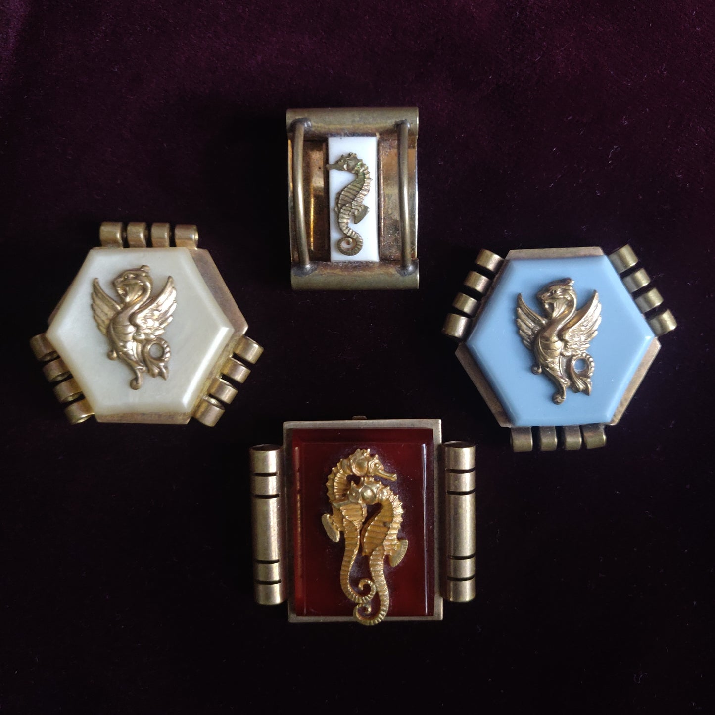 1930s Art Deco Painlevé Seahorse Clip - White Galalith and Brass