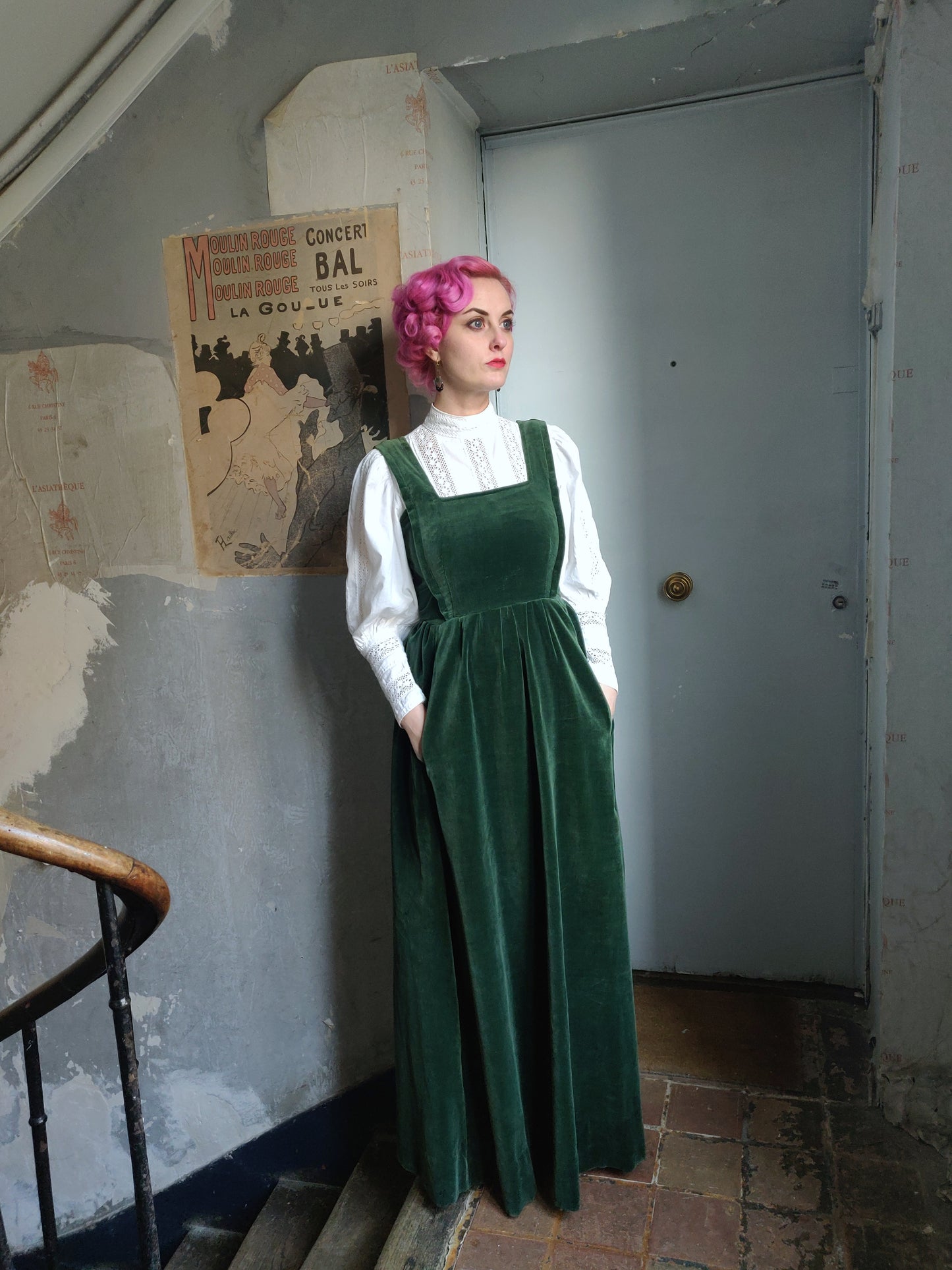 1970s Laura Ashley Green Velvet Pinafore Dress