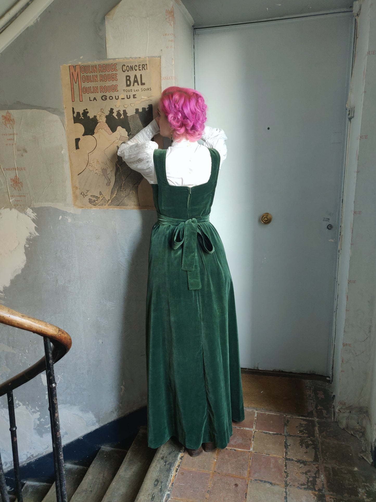 1970s Laura Ashley Green Velvet Pinafore Dress