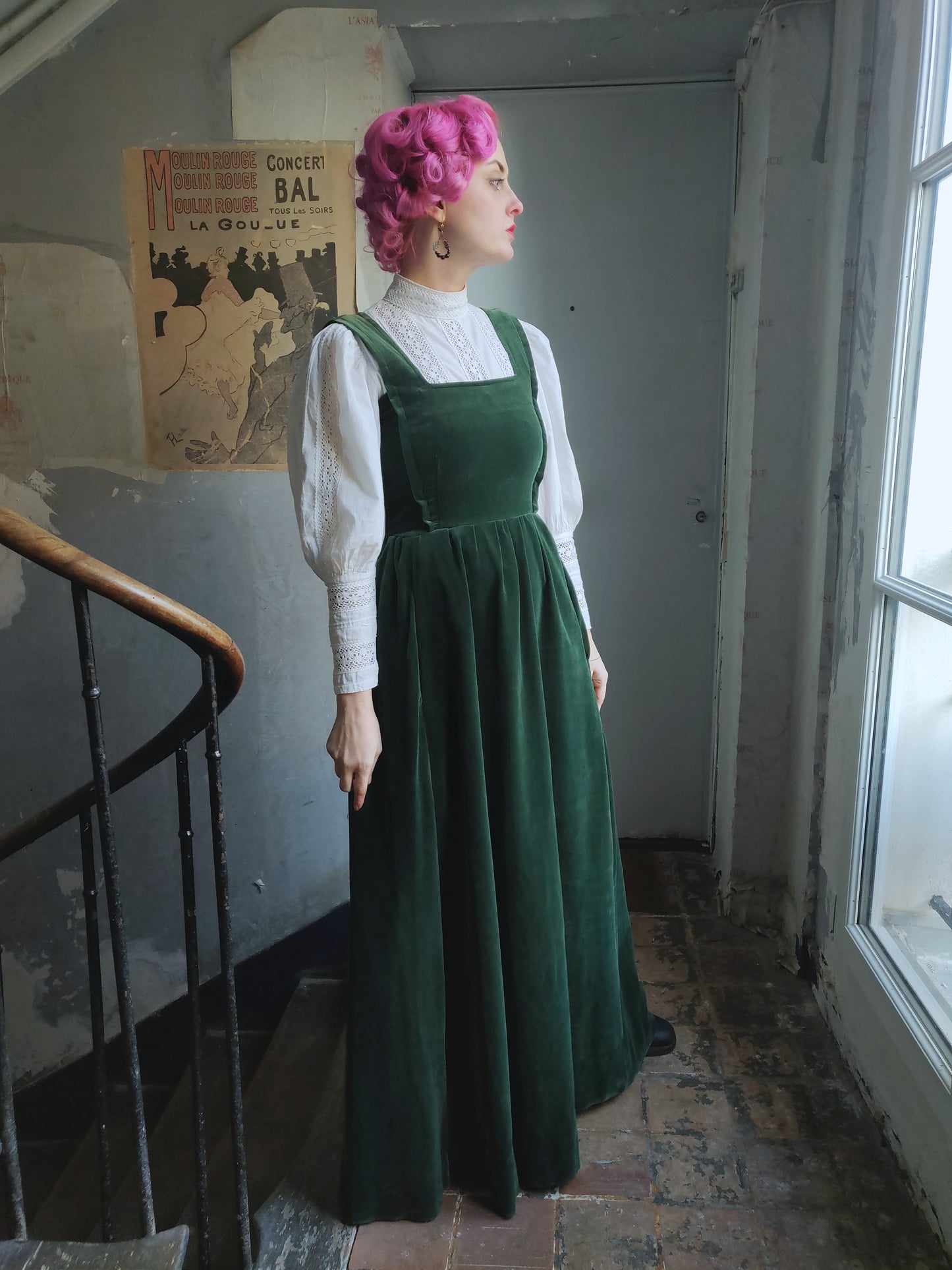 1970s Laura Ashley Green Velvet Pinafore Dress