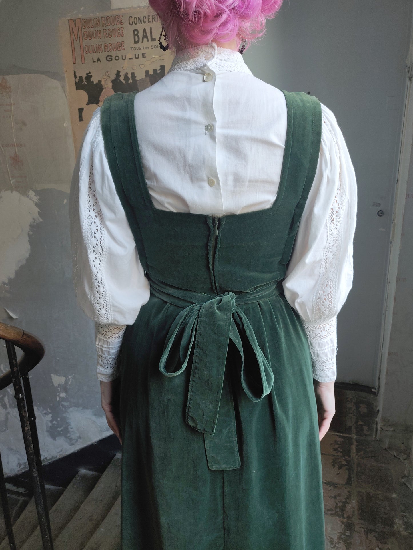 1970s Laura Ashley Green Velvet Pinafore Dress