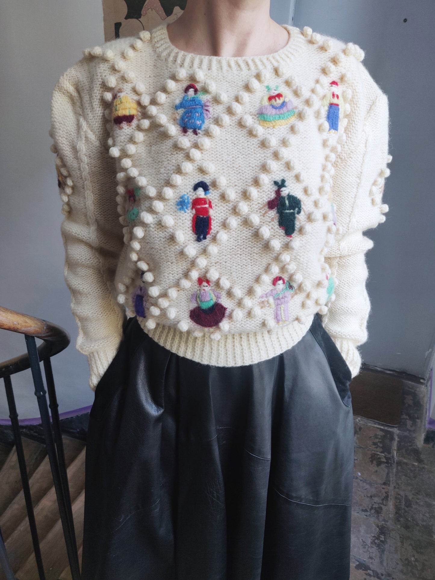 1980s Norma Kamali Folk Dolls Popcorn Sweater
