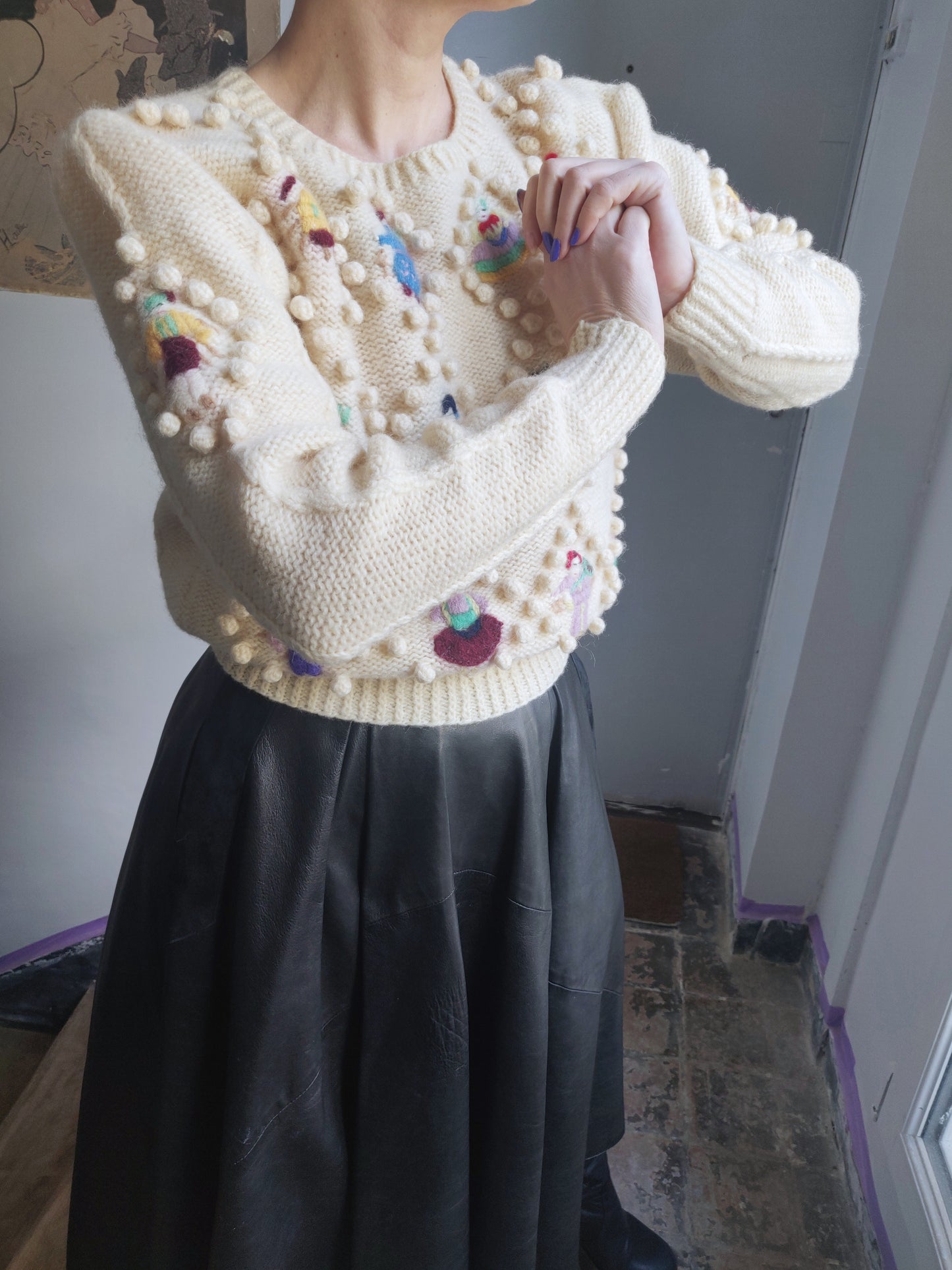 1980s Norma Kamali Folk Dolls Popcorn Sweater