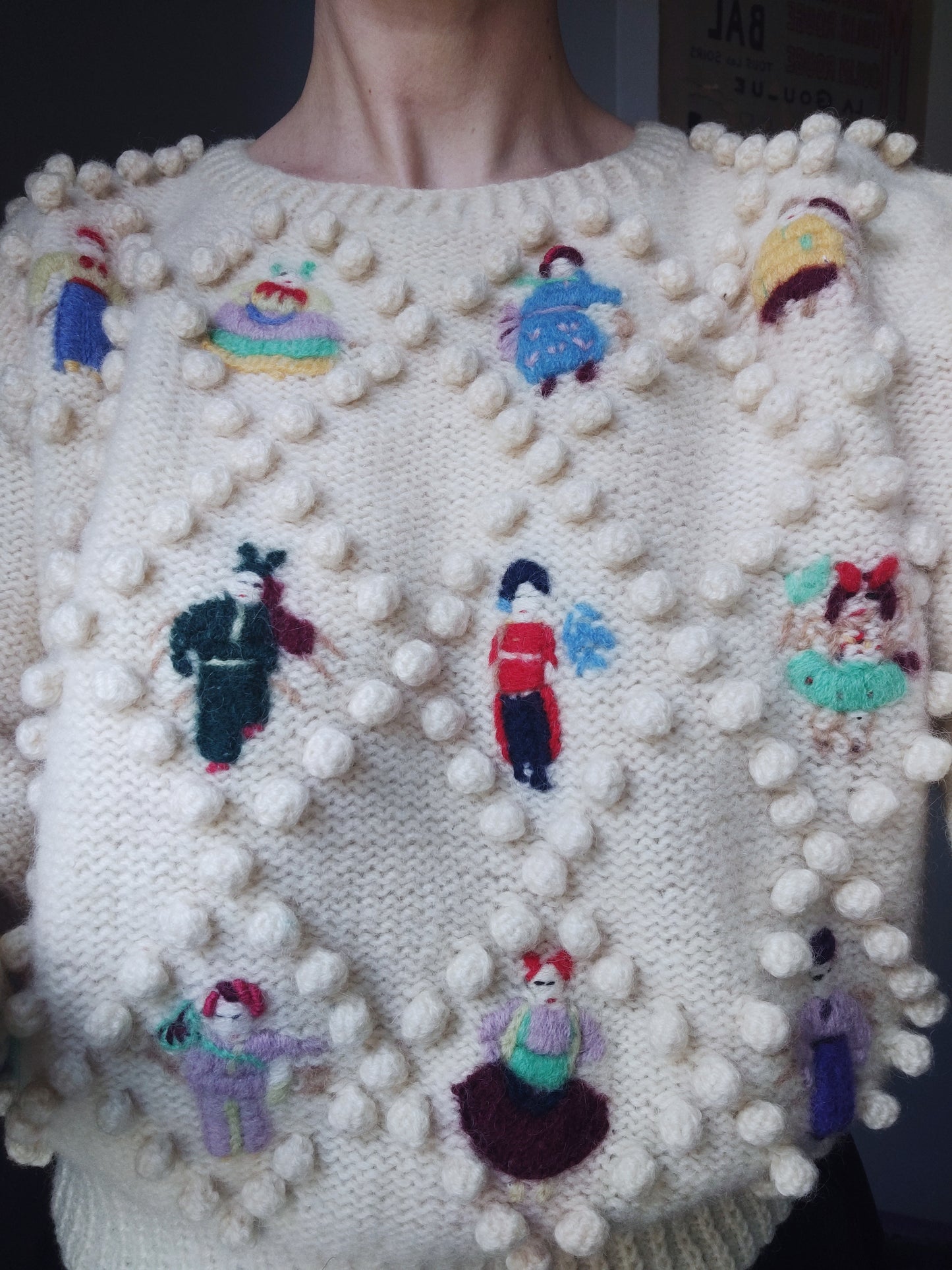 1980s Norma Kamali Folk Dolls Popcorn Sweater