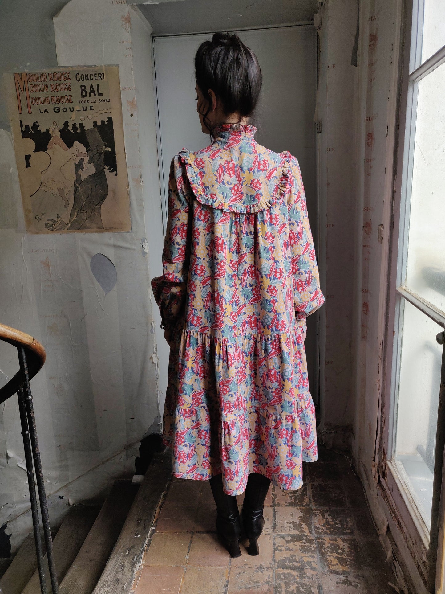 Colorful Laura Ashley High Neck Dress - Late 1970s / Early 1980s - Documented Smock Style