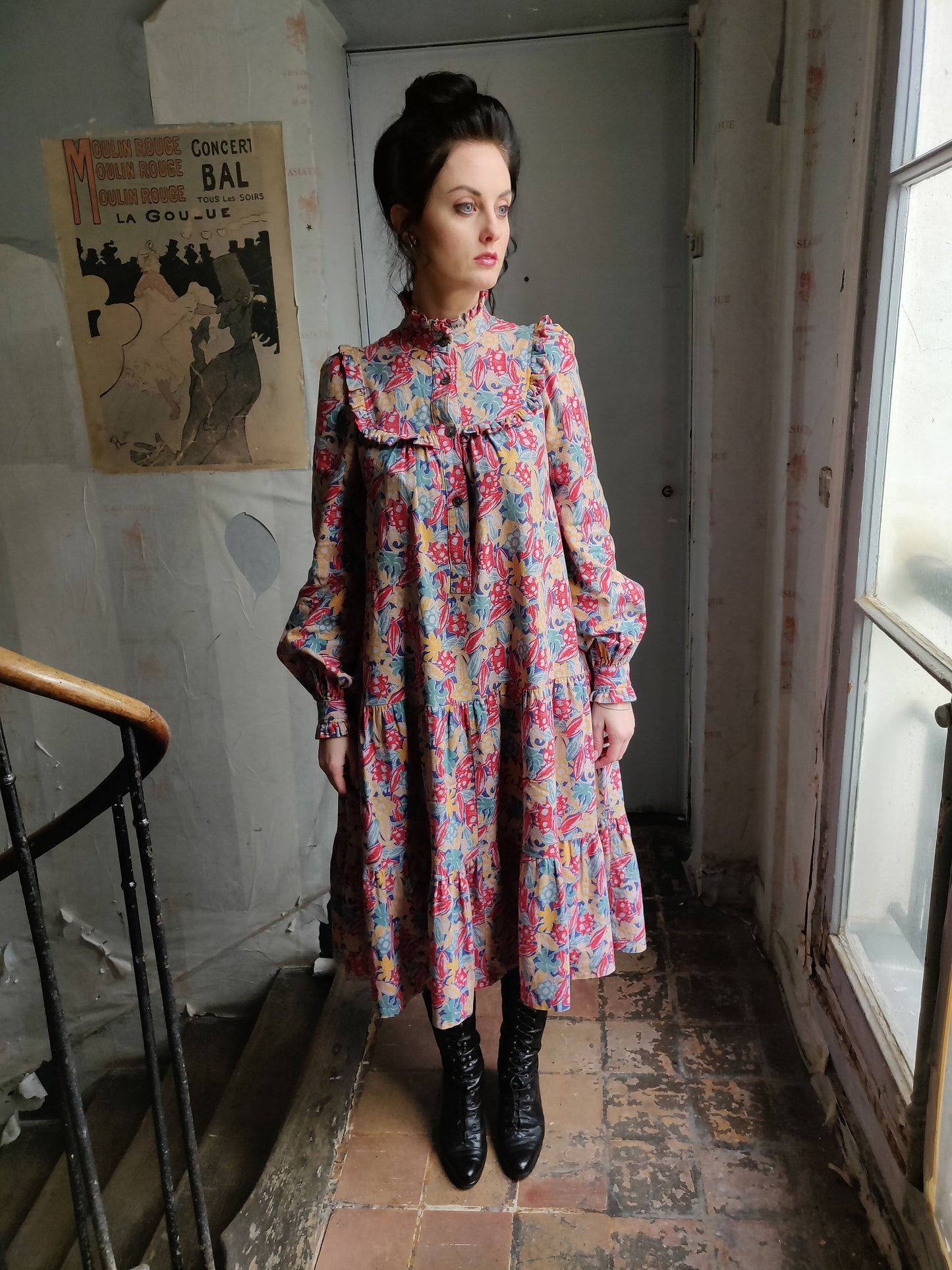 Colorful Laura Ashley High Neck Dress - Late 1970s / Early 1980s - Documented Smock Style