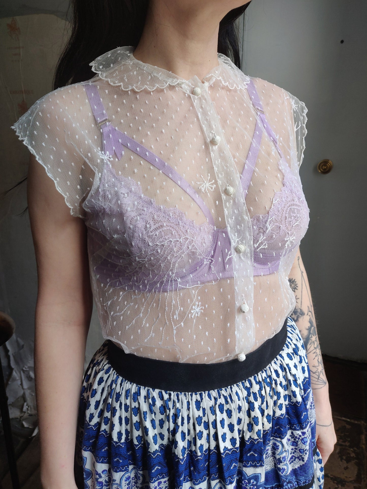 Magnificent Emmanuelle Khanh Blouse - Swiss Dots Lace - Embroidered Face