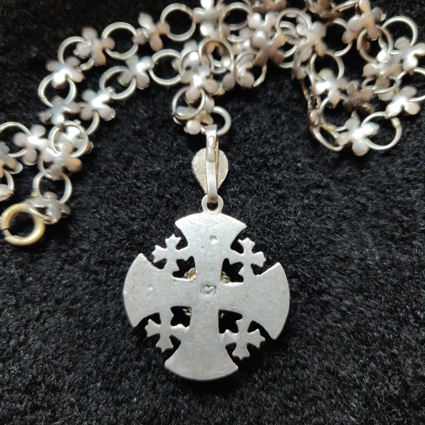 Silver Jerusalem Cross with Original Quatrefoil Link Chain - Maltese Cross Pendant - Etruscan Cross Necklace