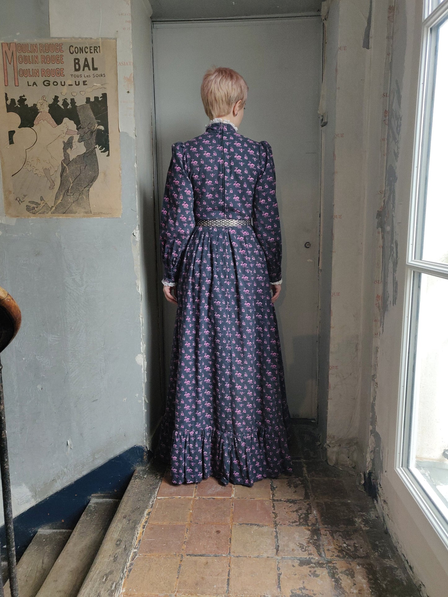 1960s Laura Ashley Dark Calico Edwardian Dress