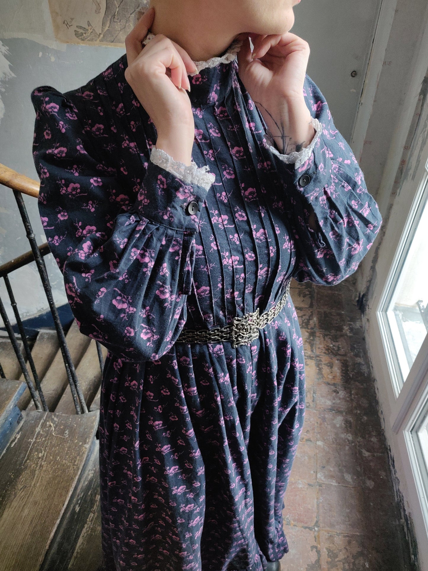 1960s Laura Ashley Dark Calico Edwardian Dress