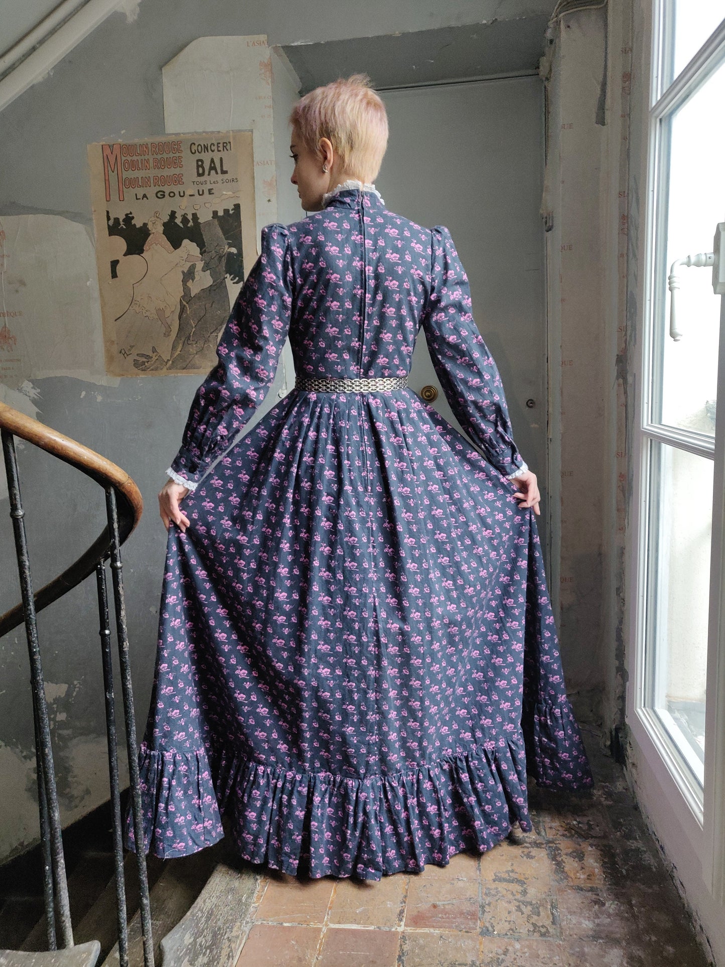 1960s Laura Ashley Dark Calico Edwardian Dress