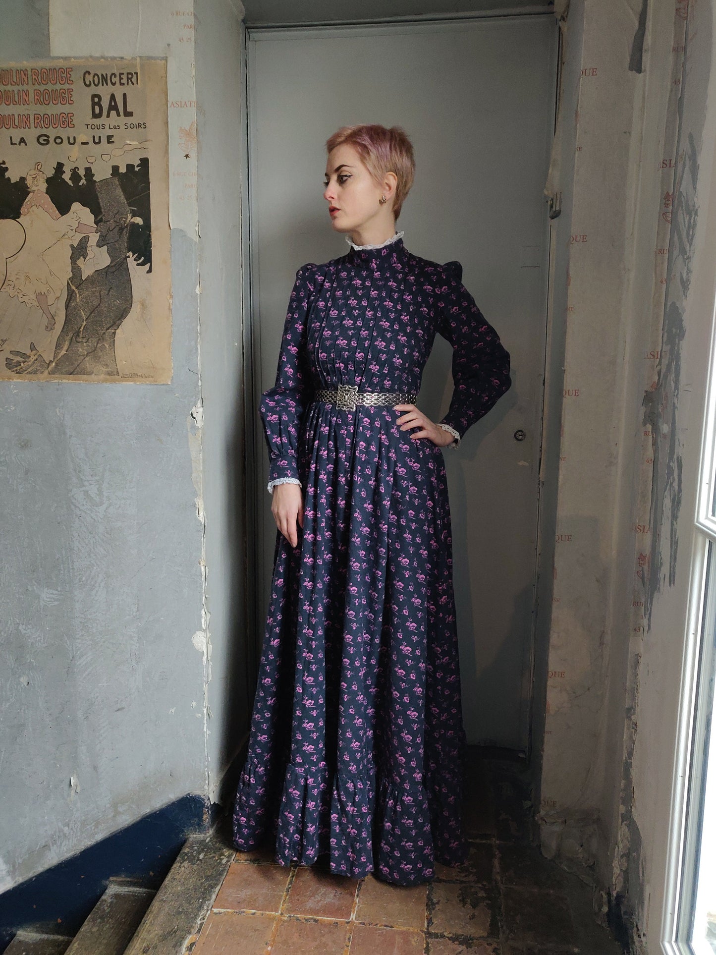 1960s Laura Ashley Dark Calico Edwardian Dress