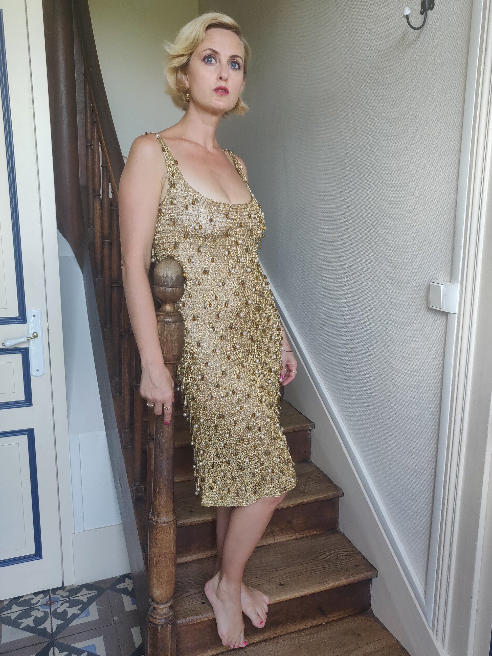 Late 1960s / early 70s Gold Lurex Beaded Loris Azzaro Dress - As Seen Moorchild Paris Vintage Late 1960s / early 70s Gold Lurex Beaded Loris Azzaro Dress - As Seen Moorchild Paris Vintage