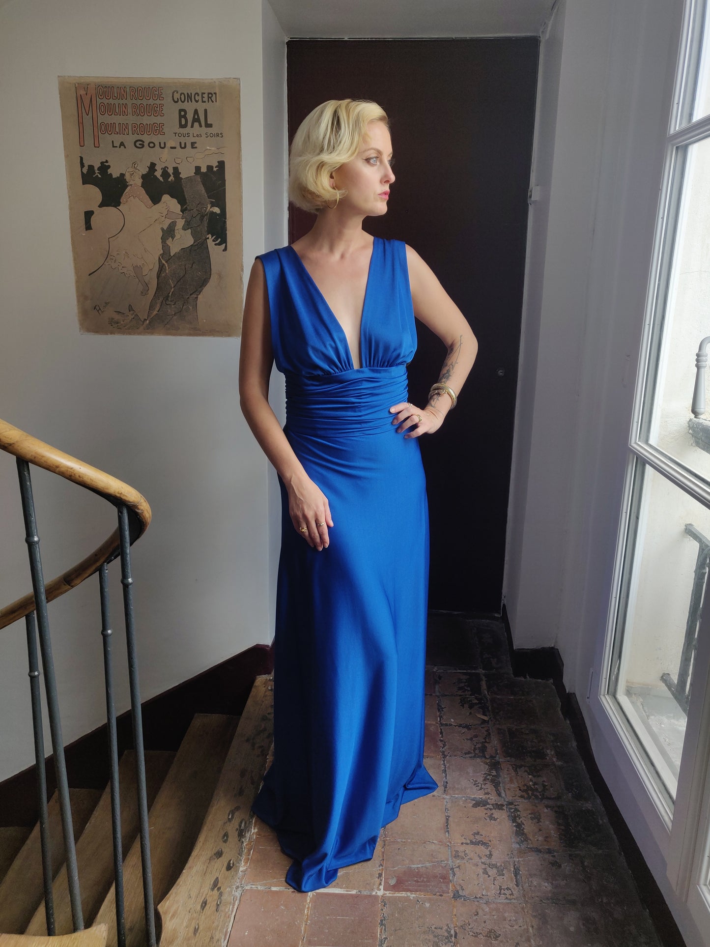 1970s Royal Blue Silk Jersey Loris Azzaro Evening Gown