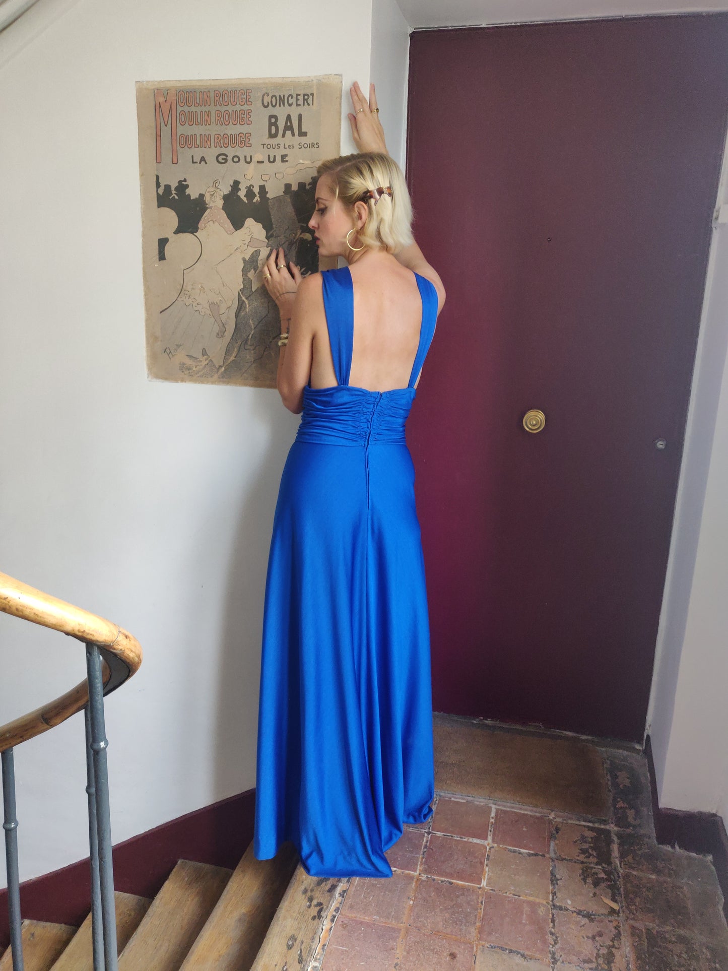 1970s Royal Blue Silk Jersey Loris Azzaro Evening Gown