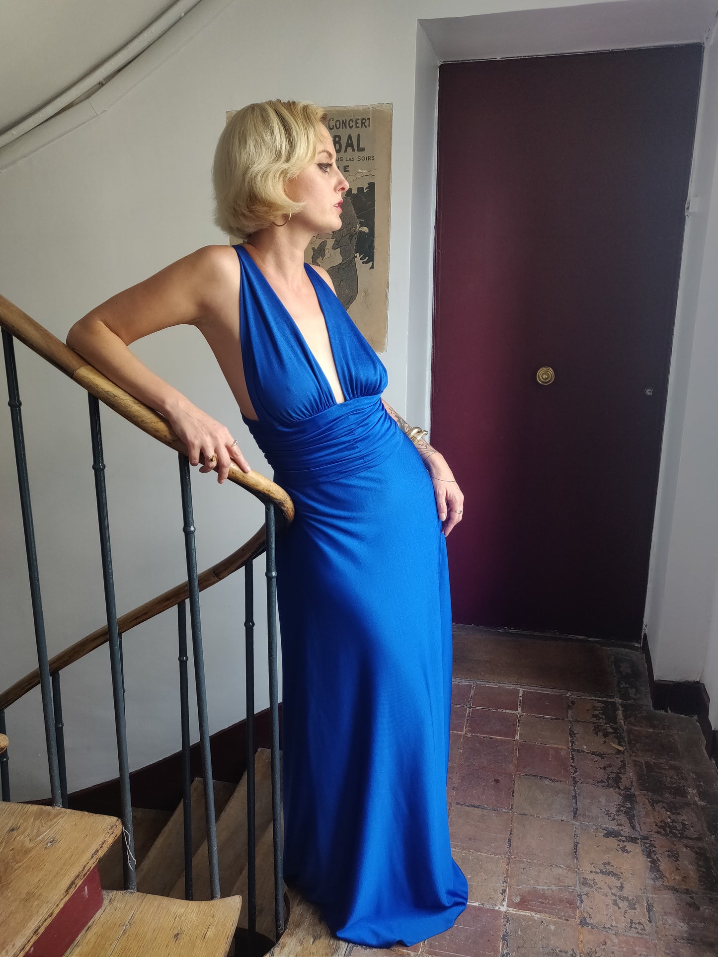 1970s Royal Blue Silk Jersey Loris Azzaro Evening Gown