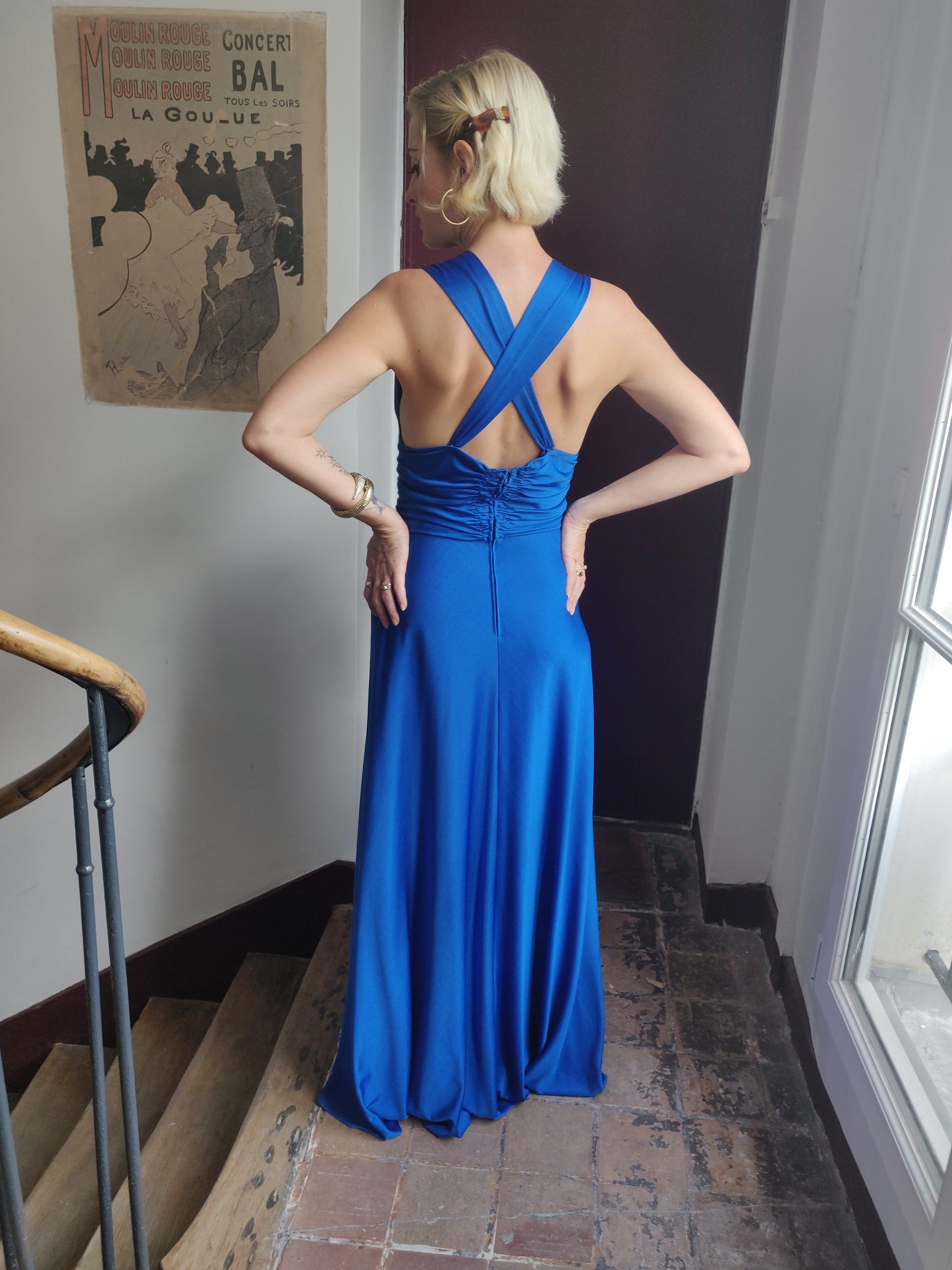 1970s Royal Blue Silk Jersey Loris Azzaro Evening Gown