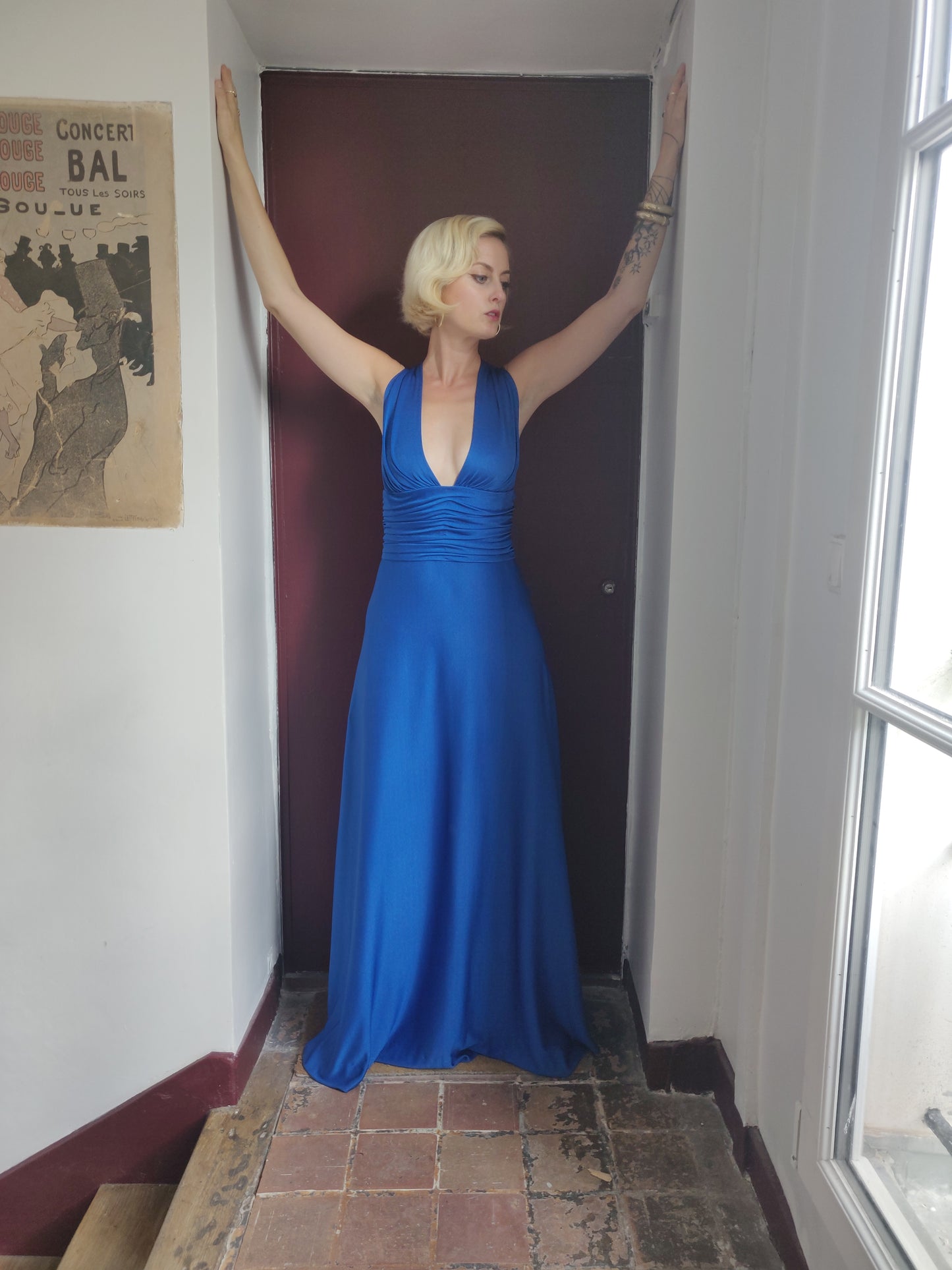 1970s Royal Blue Silk Jersey Loris Azzaro Evening Gown