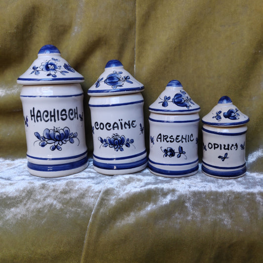 1950s French Hand-Painted Mini Apothecary Jars - Set of 4 - Hachisch Arsenic Cocaïne Opium - Blue