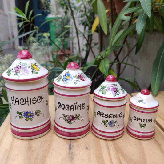 1950s French Hand-Painted Mini Apothecary Jars - Set of 4 - Hachisch Arsenic Cocaïne Opium - Pink