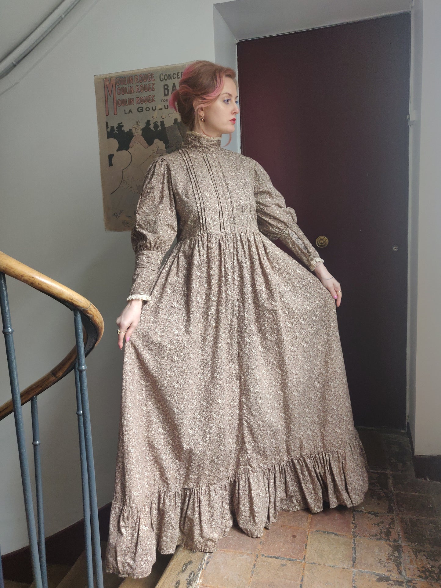 1970s Brown Calico Laura Ashley Dress