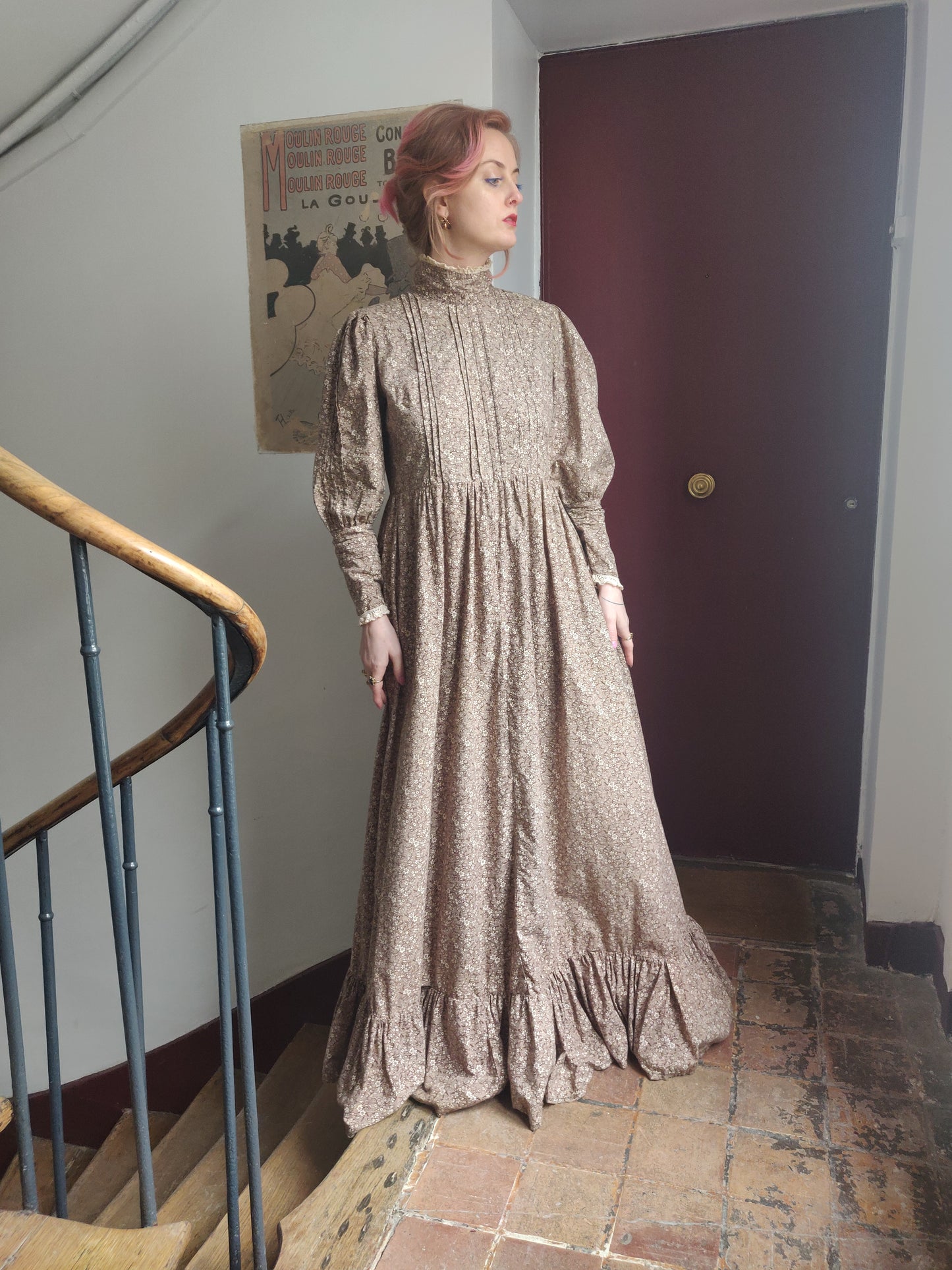 1970s Brown Calico Laura Ashley Dress