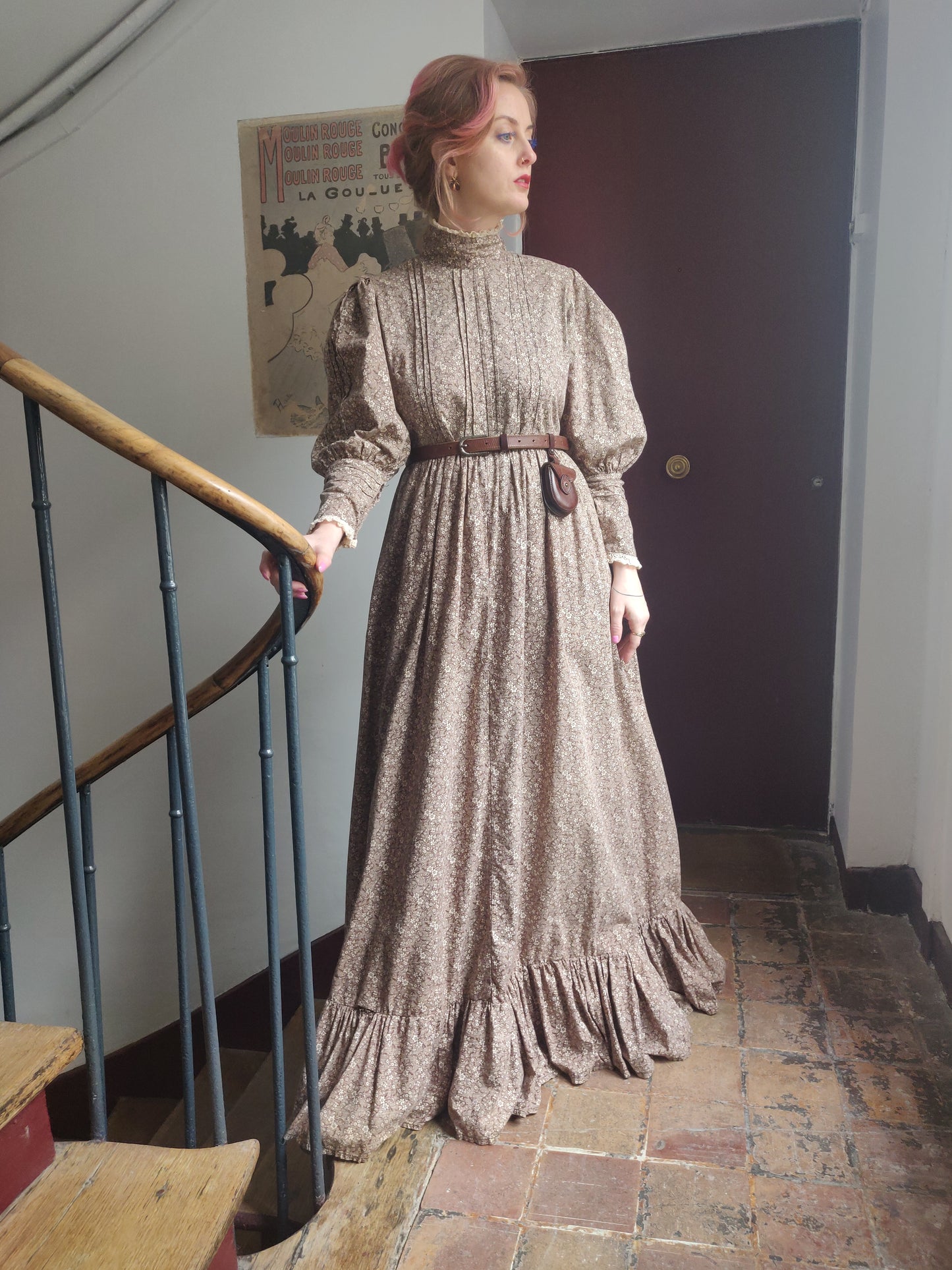 1970s Brown Calico Laura Ashley Dress