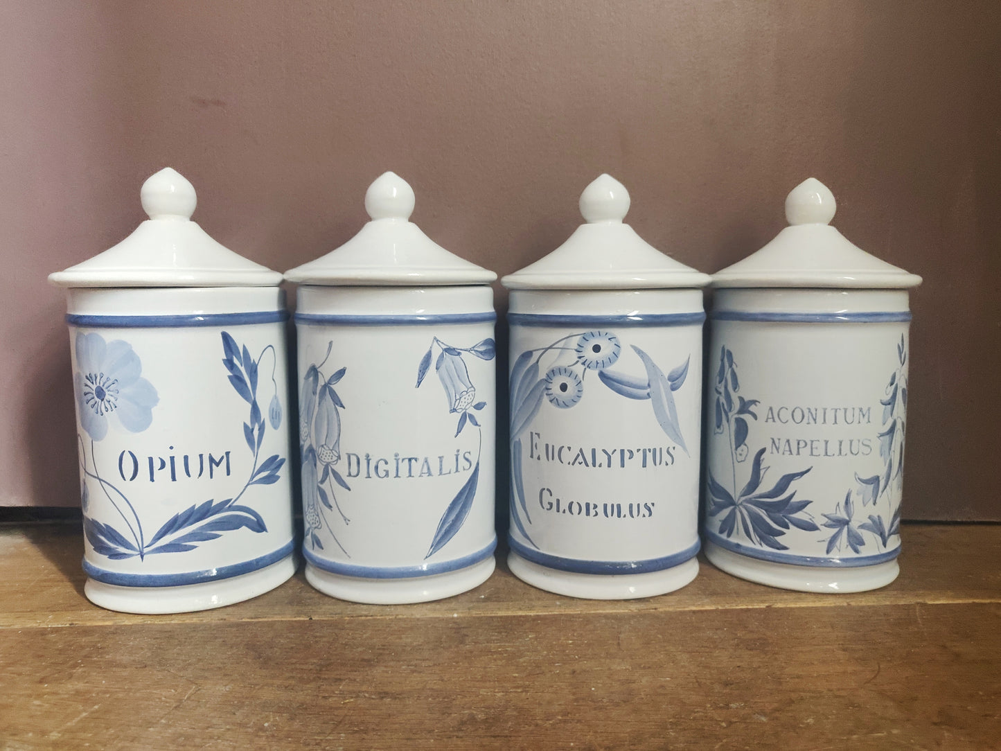 1960s French Apothecary Jars - Opium, Aconitum, Digitalis, Eucalyptus