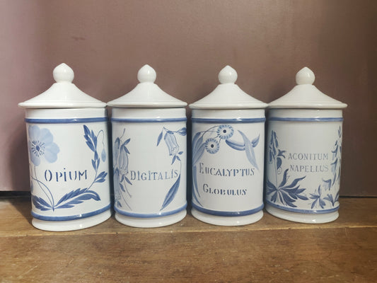 1960s French Apothecary Jars - Opium, Aconitum, Digitalis, Eucalyptus