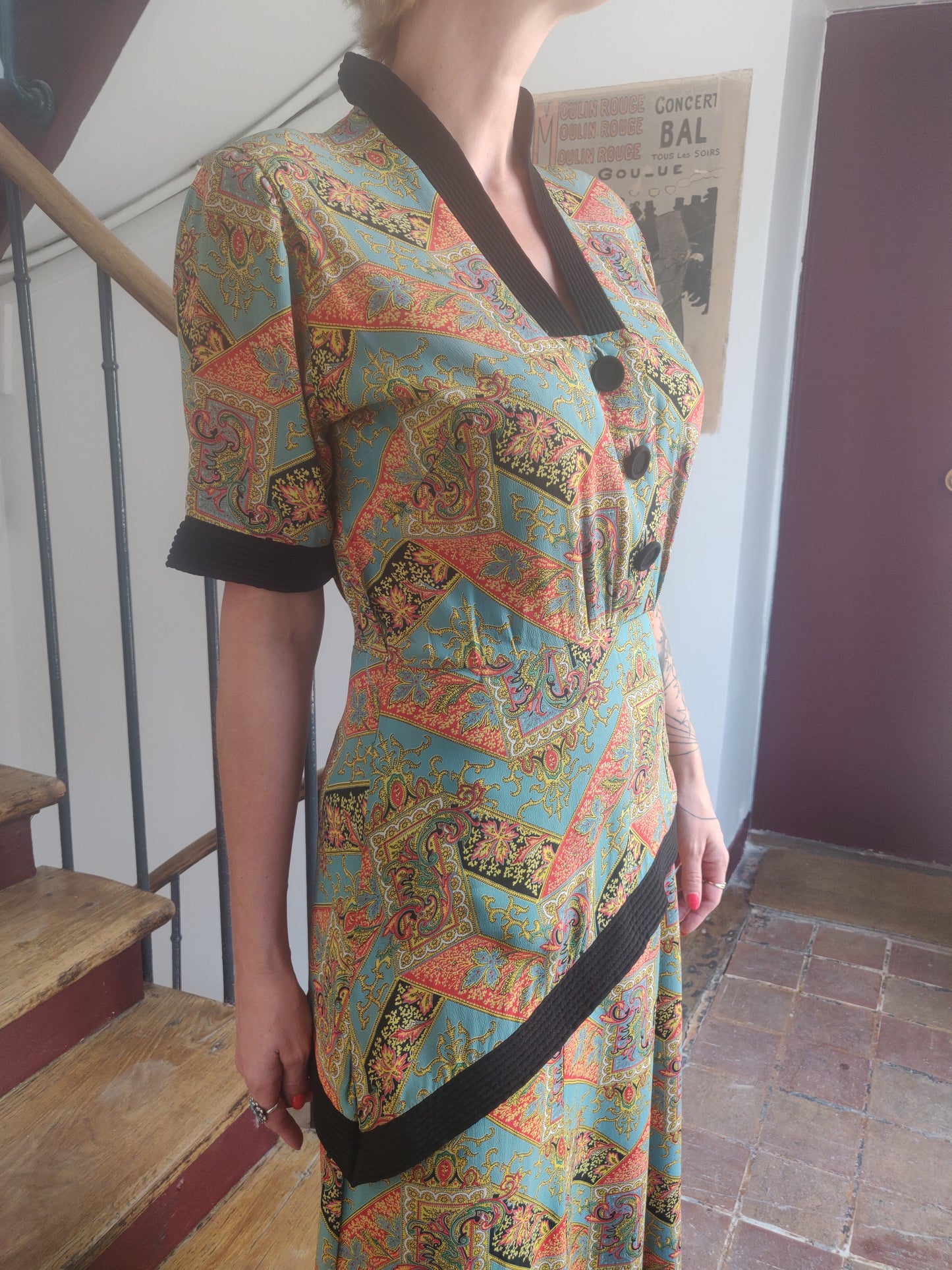 Late 1930s / Early 1940s Vibrant Rayon Print Dress