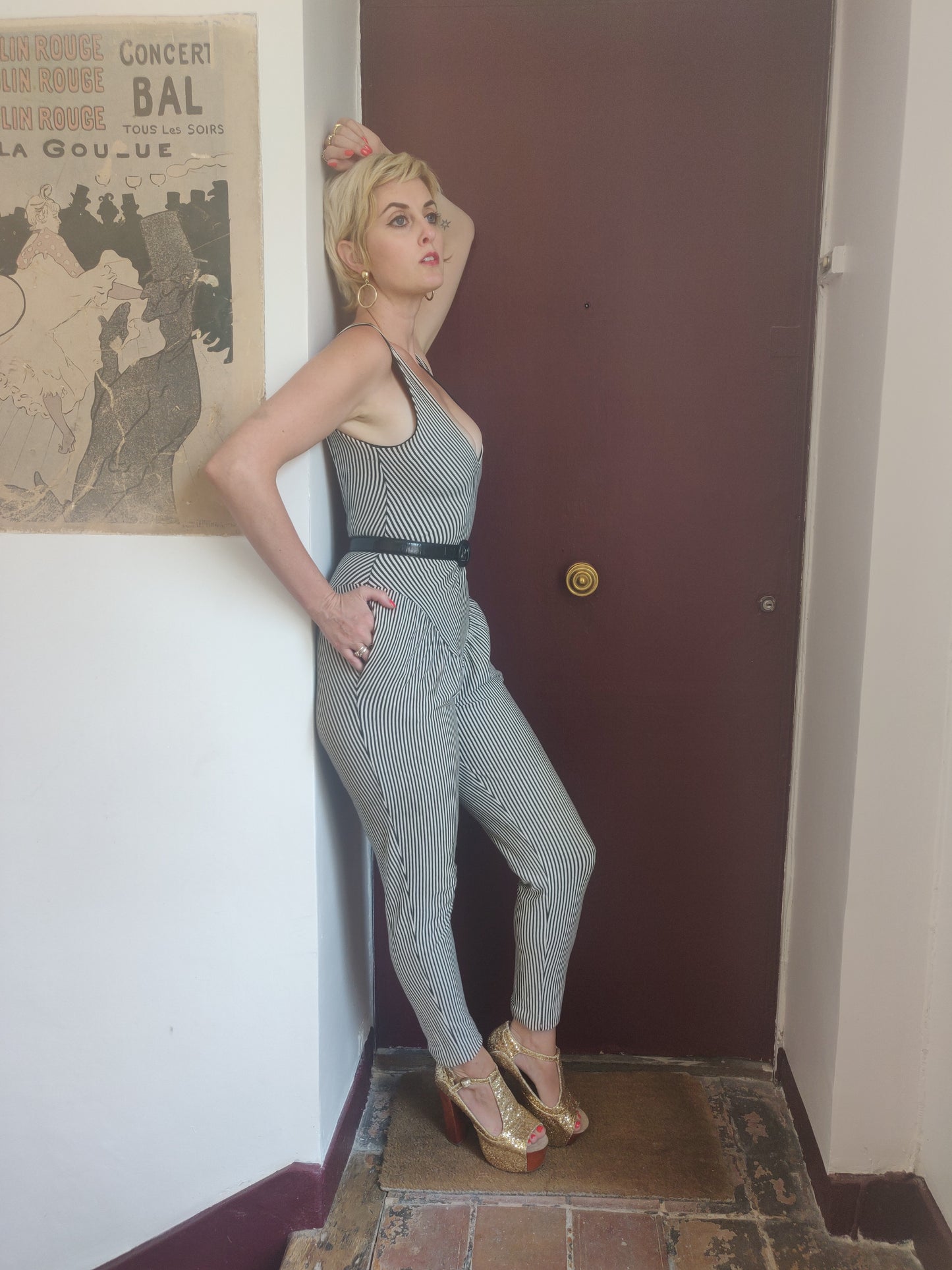 1980s Betsey Johnson Striped Punk Label Jumpsuit