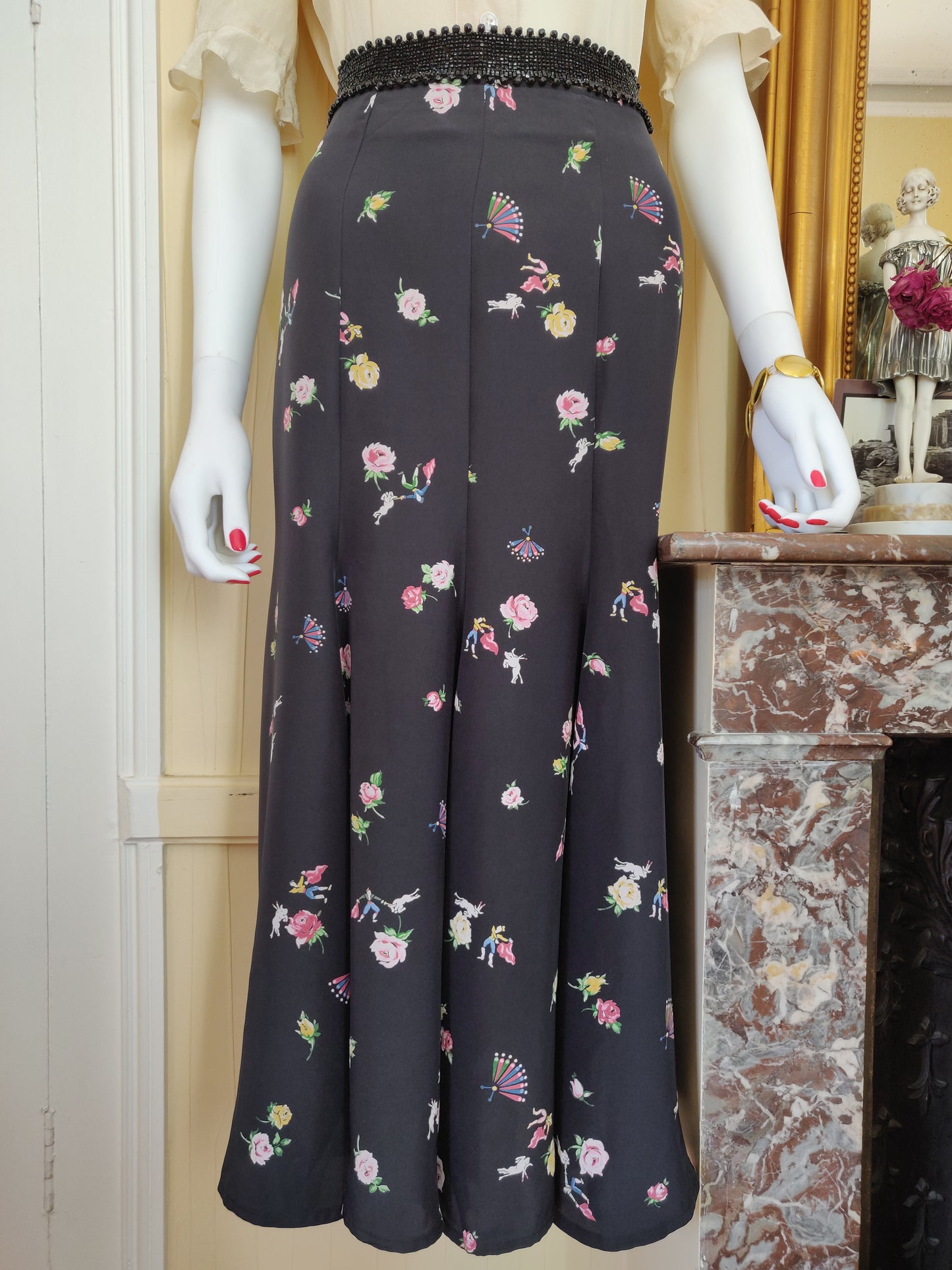 1980s Norma Kamali Matador Print Fishtail Skirt