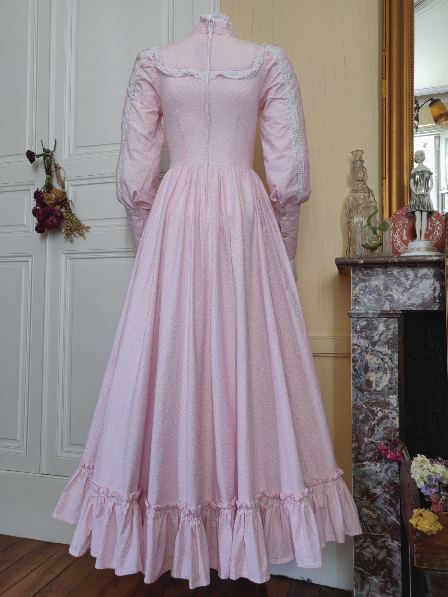 1970s Laura Ashley Pale Bubblegum Pink Calico Dress