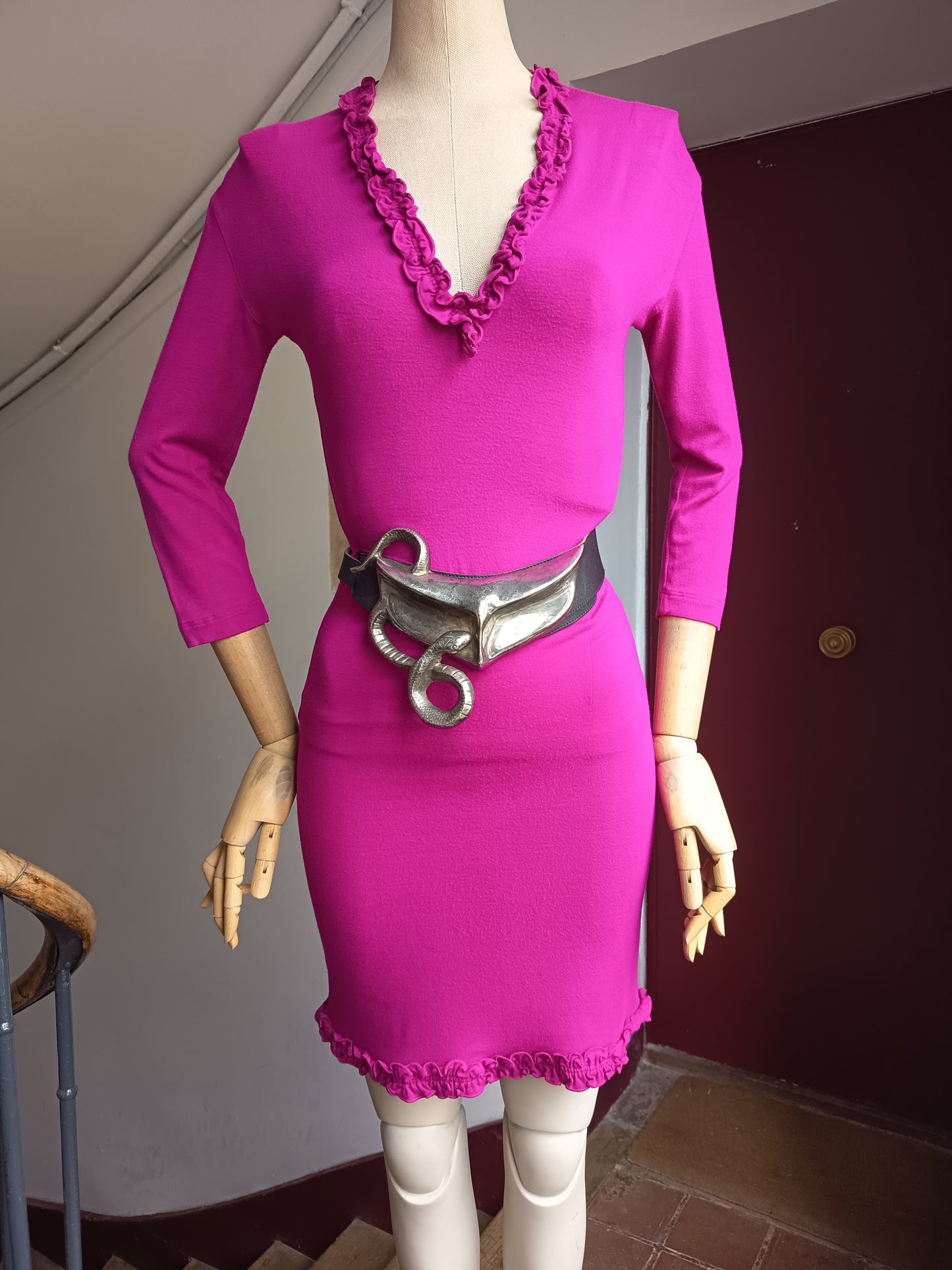 90s Chantal Thomass Hot Magenta Pink 3-Piece Set - Top, Skirt and Shawl