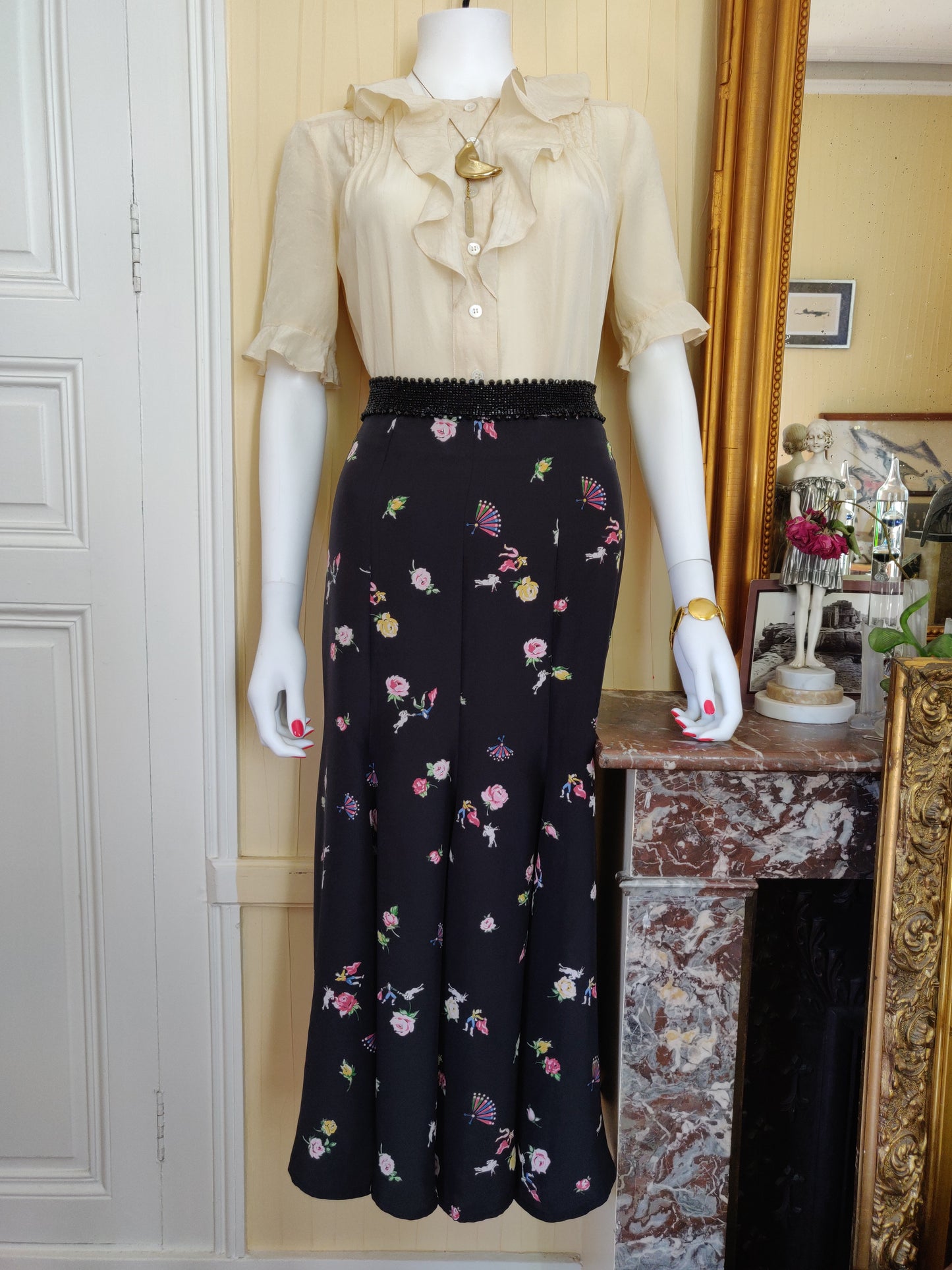 1980s Norma Kamali Matador Print Fishtail Skirt