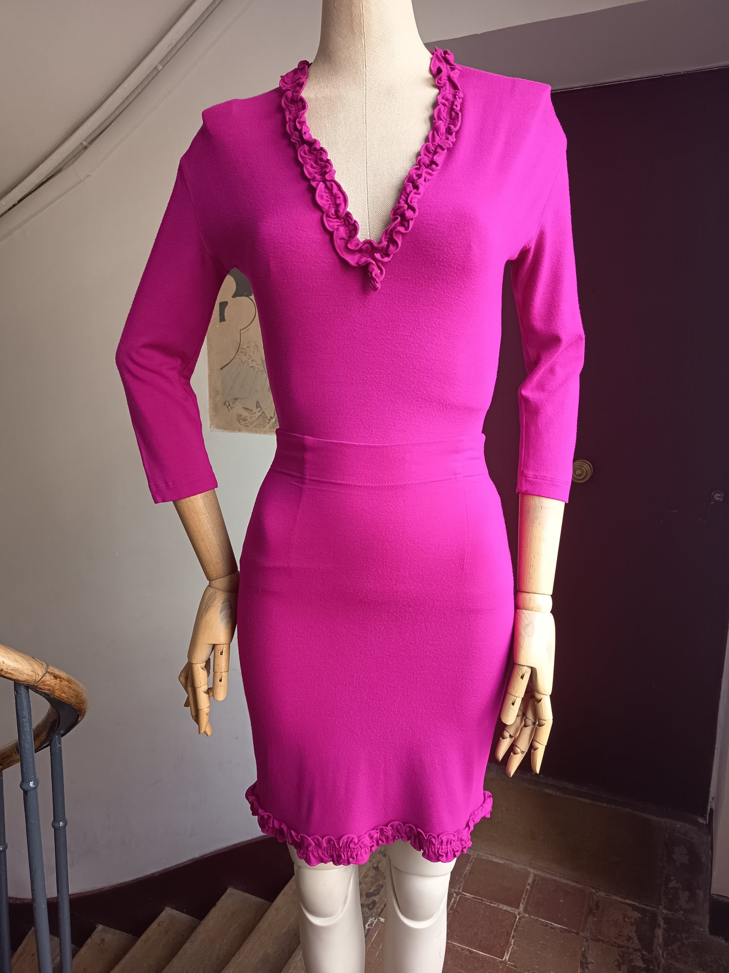 90s Chantal Thomass Hot Magenta Pink 3-Piece Set - Top, Skirt and Shawl