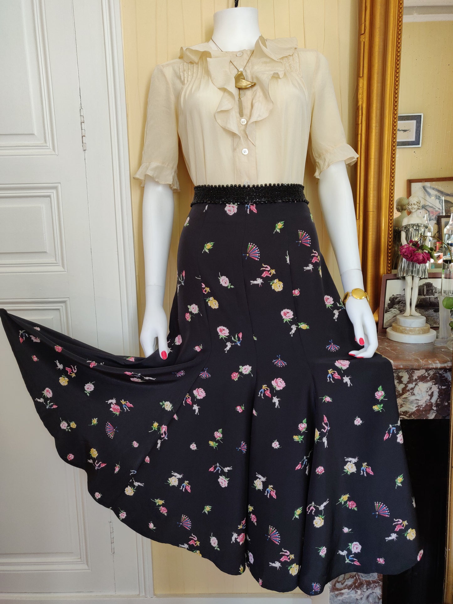 1980s Norma Kamali Matador Print Fishtail Skirt
