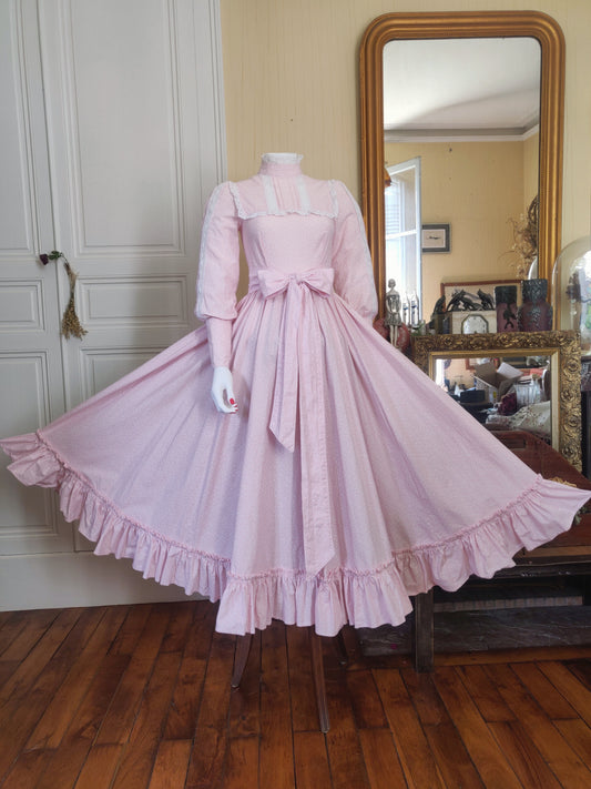 1970s Laura Ashley Pale Bubblegum Pink Calico Dress